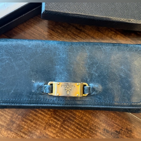 Prada Long Double Snap Flap Wallet Distressed Blue Green Leather Gold Hardware - Picture 4 of 14